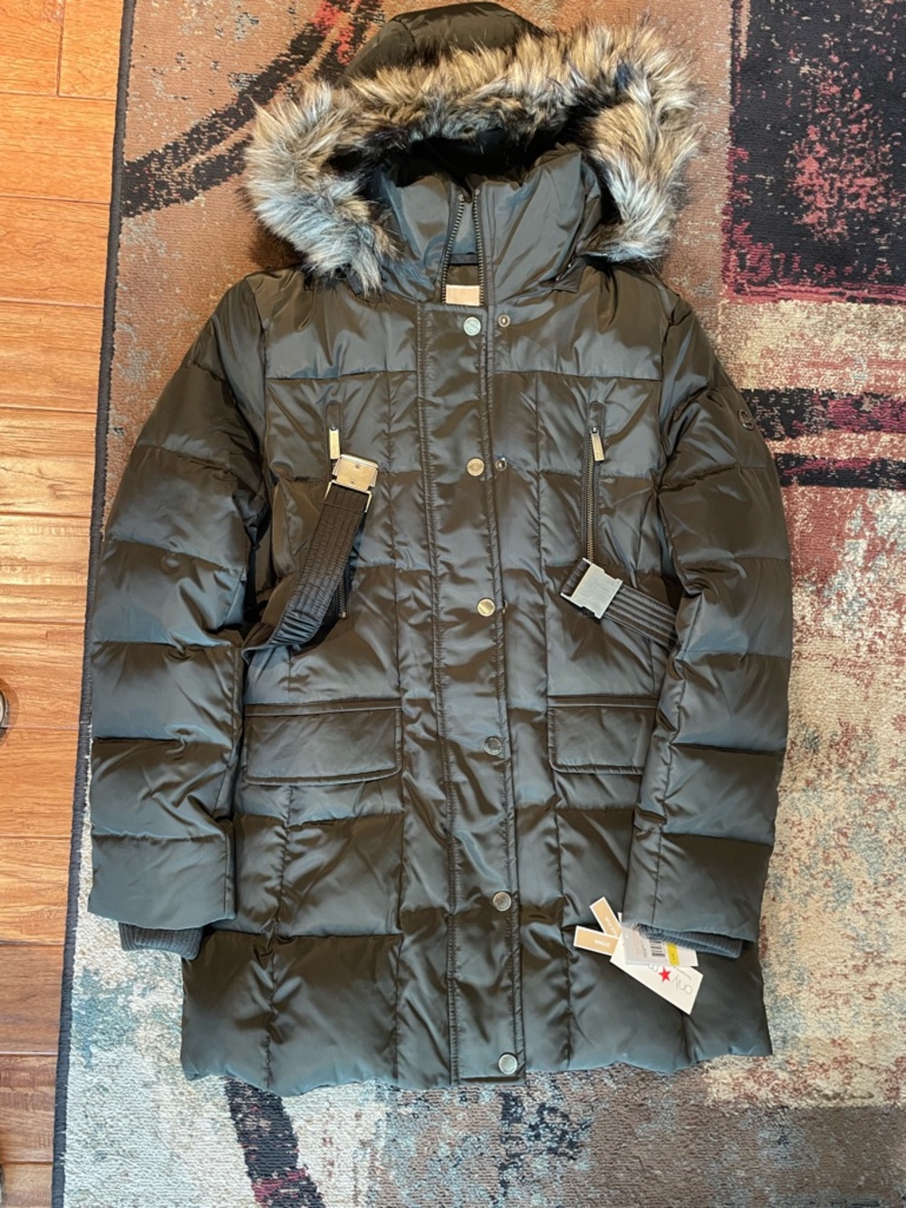 Michael Kors Dark Moss Green Quilted Down Puffer Jacket with Branded Label